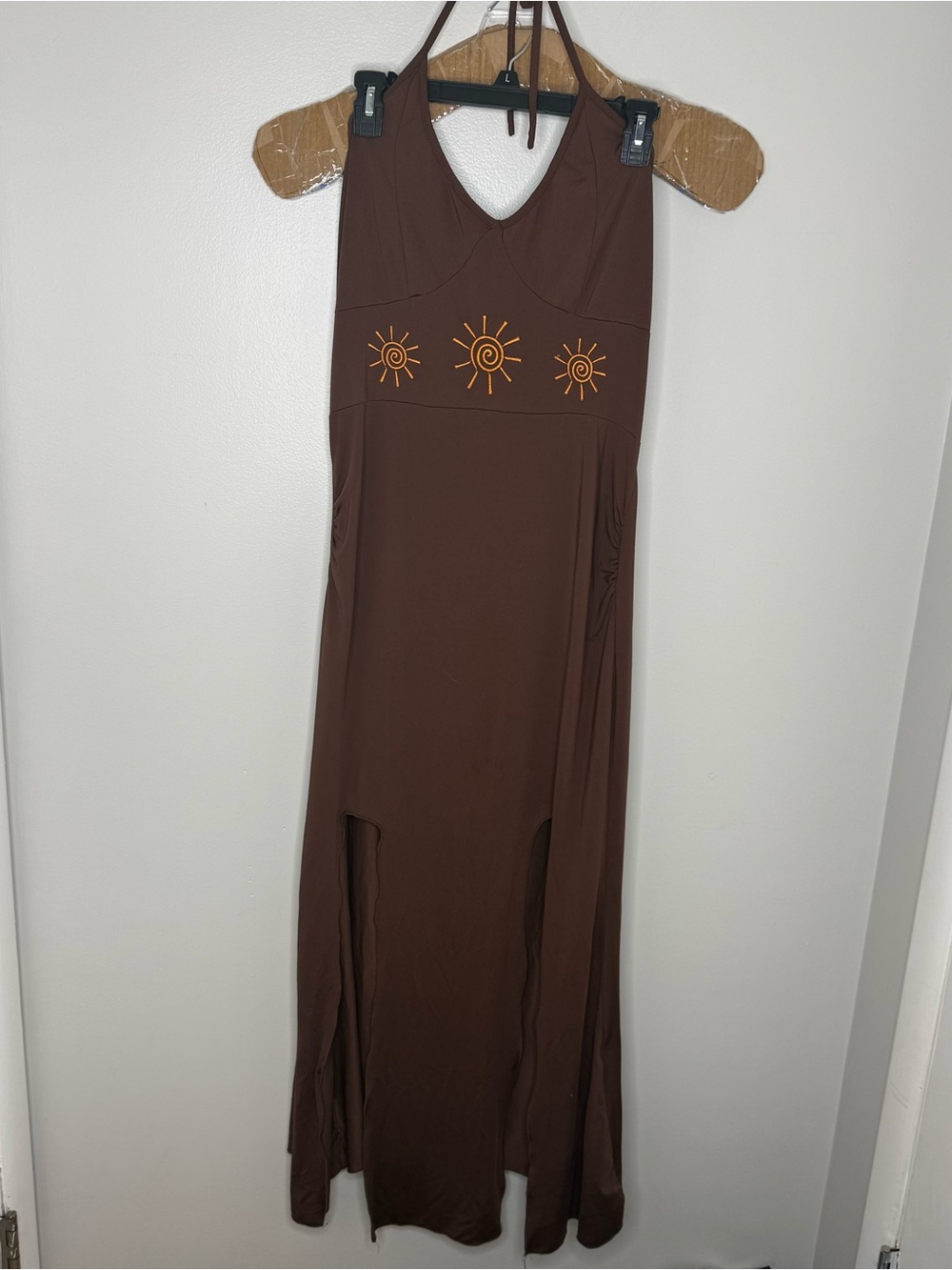 Women’s Brown Long Slit Halter Dress Sun Embroidery Med/Large Vacation Summer